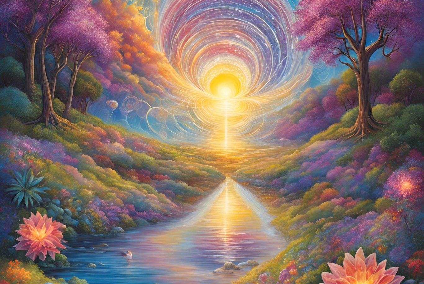 Ein farbenfrohes, traumhaftes Landschaftsbild mit Sonnenstrahlen, Blumen und einem ruhigen Fluss.
