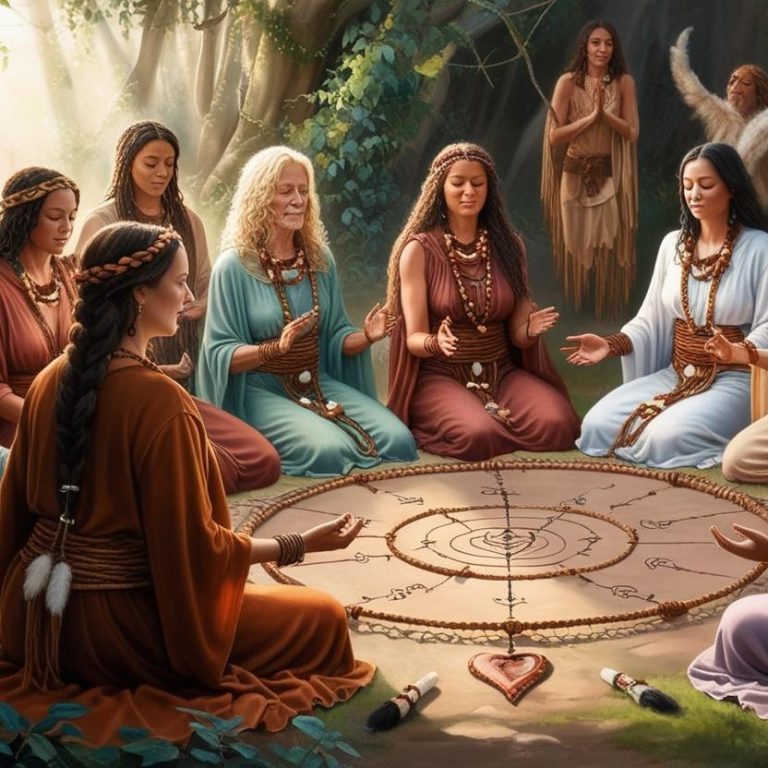 Frauen in traditionellen Kleidern, die im Kreis um eine Tafel mit Symbolen sitzen.