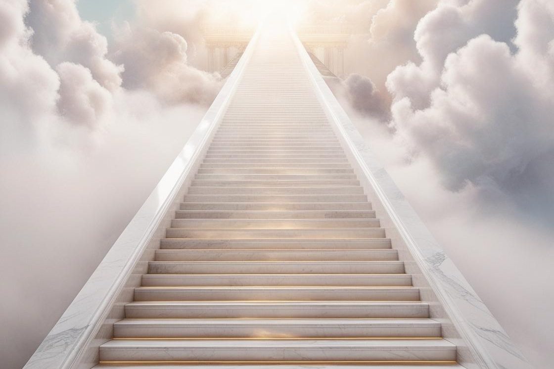 Eine Treppe, die zu einem Licht über den Wolken führt.