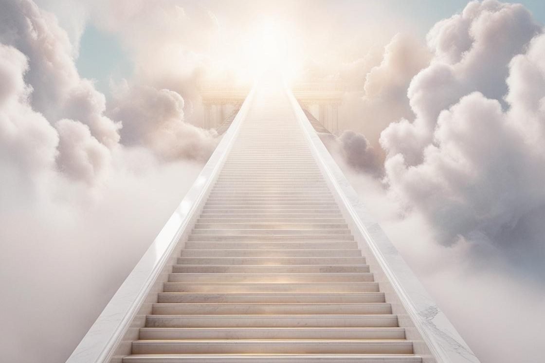 Eine Treppe führt zu einem hellen Licht über Wolken.