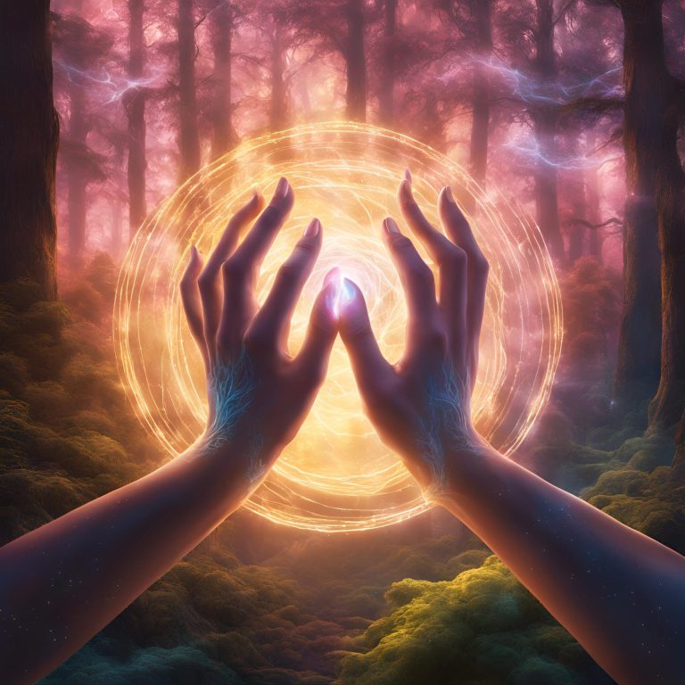 Hände berühren eine leuchtende, magische Energiekugel in einem mystischen Wald.