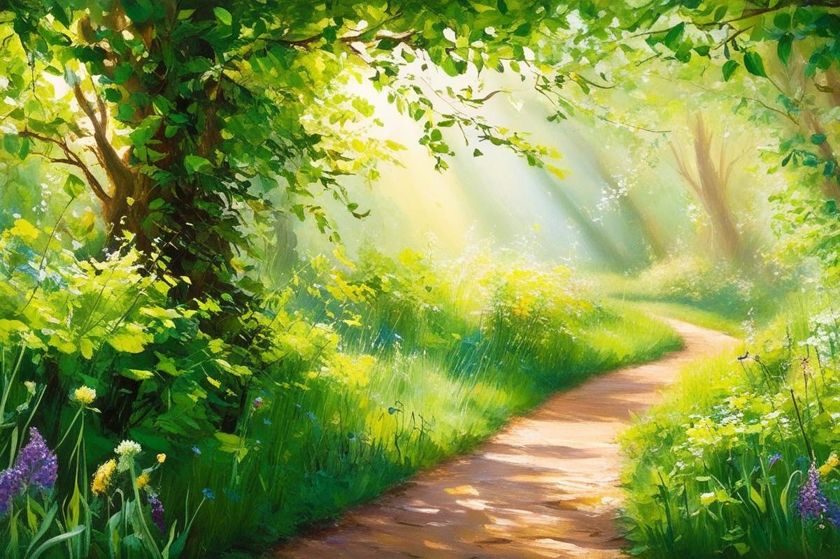 Ein sonniger Waldweg, umgeben von grünen Bäumen und bunten Blumen.