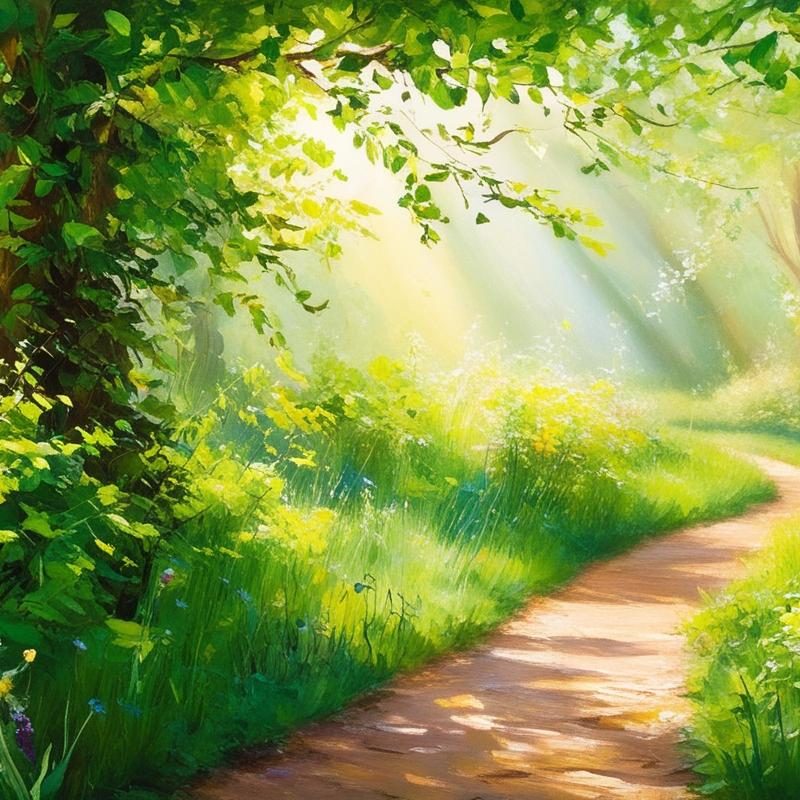 Ein sonniger Waldweg, gesäumt von üppigem Grün und blühenden Pflanzen.